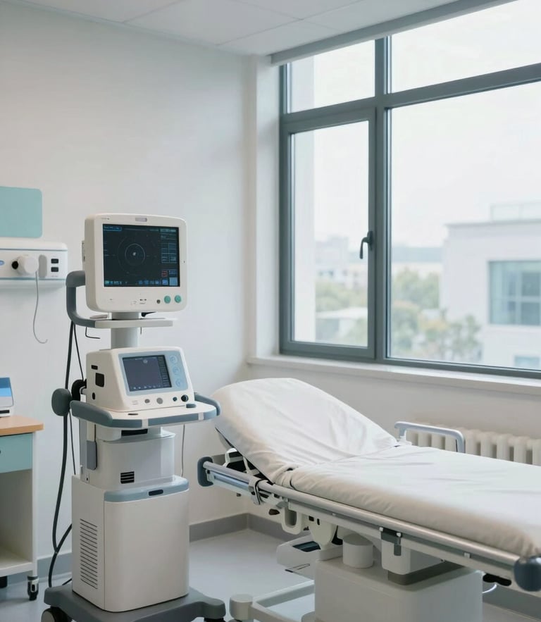 A bright, modern clinical recovery suite with clean lines, medical monitoring equipment, and a large window showing natural daylight.
