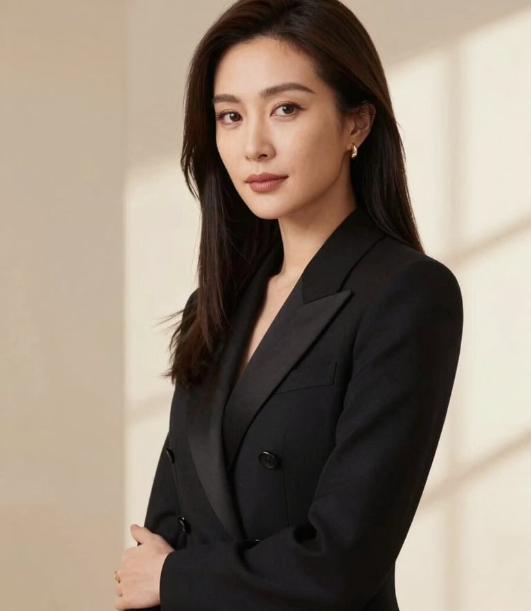 Editorial portrait of a luxury beauty brand founder in a minimalist cream studio, soft warm natural light, medium shot, shallow depth of field, 35mm
