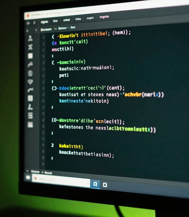 Macro shot of a high-end monitor displaying clean Kotlin code structures, moody low-key studio lighting with cybernetic lime accents, high-contrast 35mm