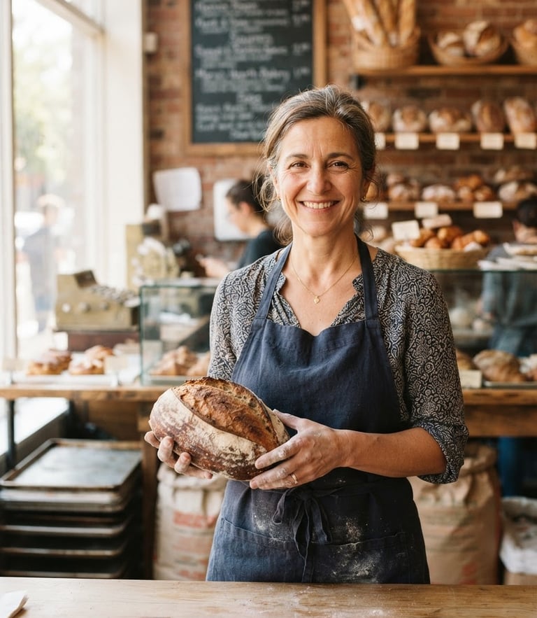 Warm editorial photography of a local bakery owner smiling in her sunlit shop, holding a fresh loaf of bread, soft natural daylight, 35mm lens