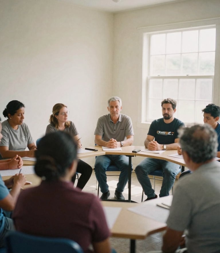 Documentary film photograph of community leaders in an active collaborative workshop, soft natural daylight, warm muted tones, medium format.