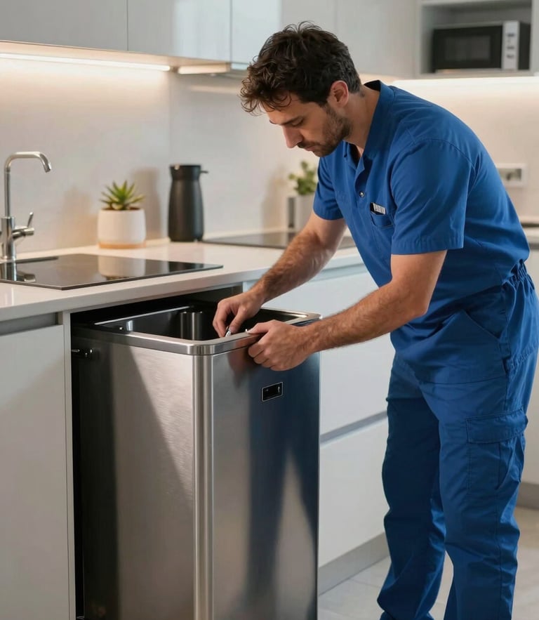 Inquadratura verticale e luminosa di un tecnico Amicablu in divisa pulita mentre collauda un depuratore sotto-lavello in una cucina moderna, riflessi nitidi sull'acciaio.