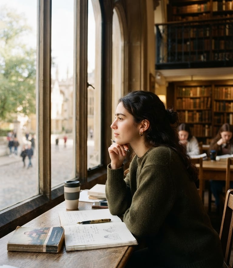 A candid portrait of a student looking thoughtfully out a large library window, bright natural daylight, 35mm editorial style