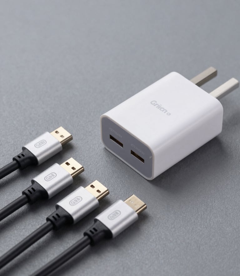Crisp studio photography of high-speed USB-C cables and multi-port GaN chargers arranged neatly on a neutral slate grey background, sharp focus, 50mm lens.