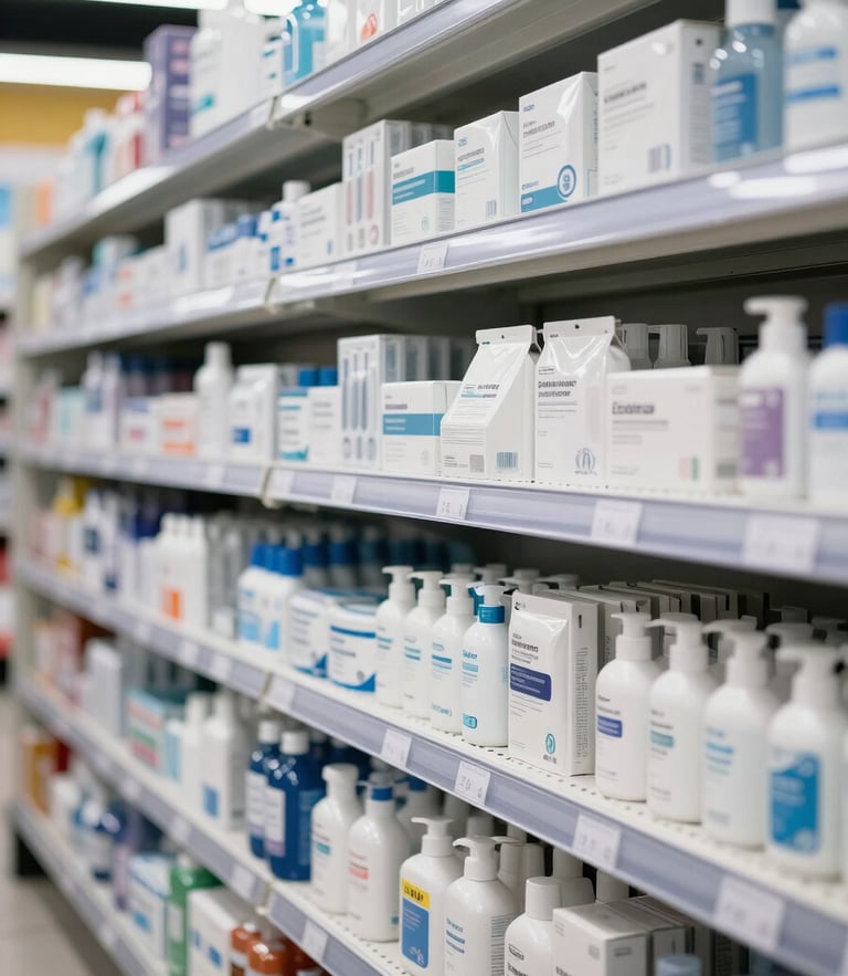 Straight-on high-contrast shot of a pristine, brightly lit modern supermarket shelf stocked with dental hygiene products, clean white packaging, soft clinical shadows, professional retail environment.
