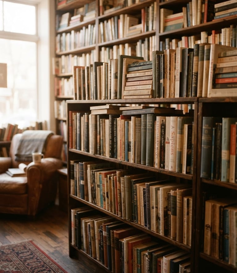Medium shot of cozy wooden bookshelves filled with used books in warm morning window light, soft shadows, 35mm