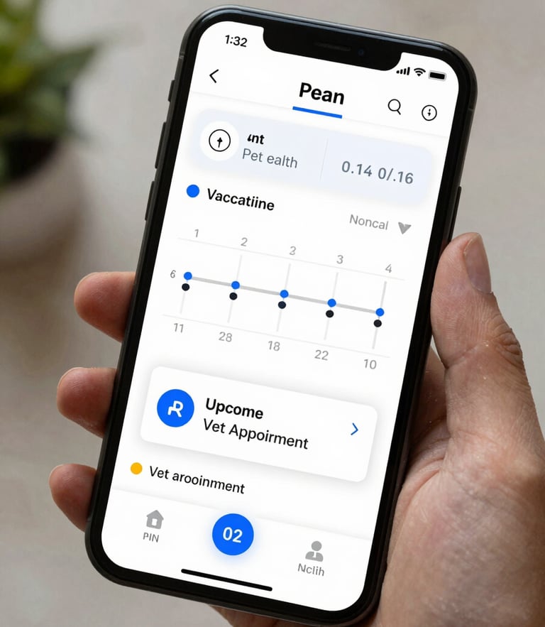 A high-fidelity mobile app mockup showing a clean pet health dashboard, featuring a vaccination timeline and upcoming vet appointment card under soft natural lighting.
