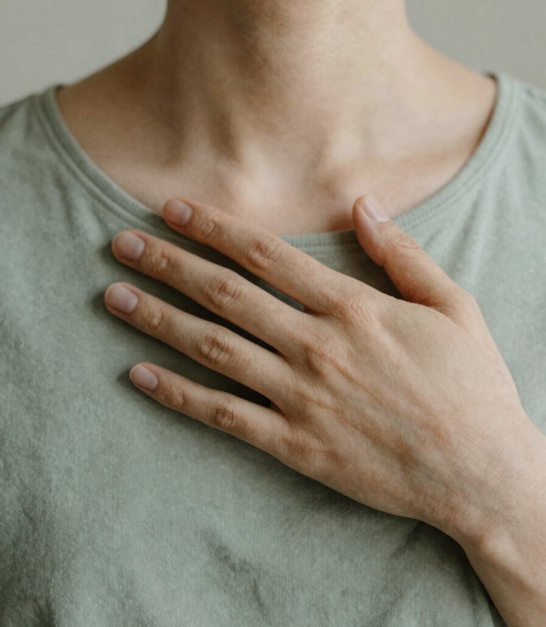A close-up of hands resting gently on a chest, soft morning daylight, muted sage green and sand tones, minimalist composition, shallow depth of field