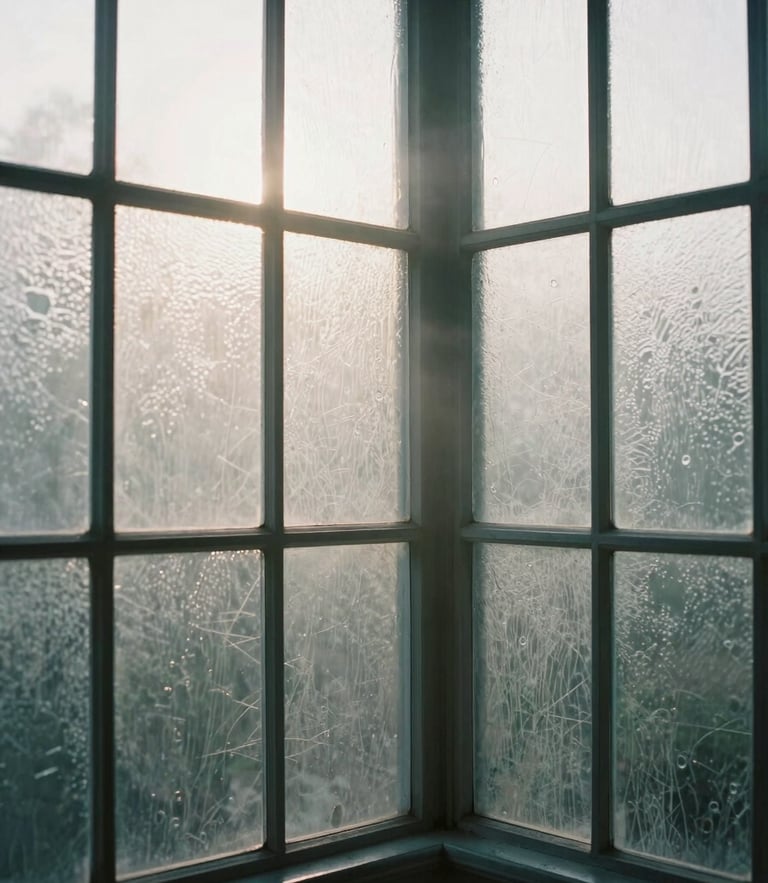 Diffused morning mist filtering through textured glass panes in a quiet Bountiful studio corner, soft-focus, low-contrast natural light.