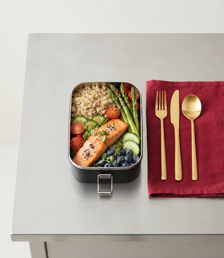 Overhead shot of a minimalist, clean, stainless steel kitchen counter with a single perfectly arranged corporate lunchbox, gold cutlery, rich red accent cloth, bright studio lighting, editorial.