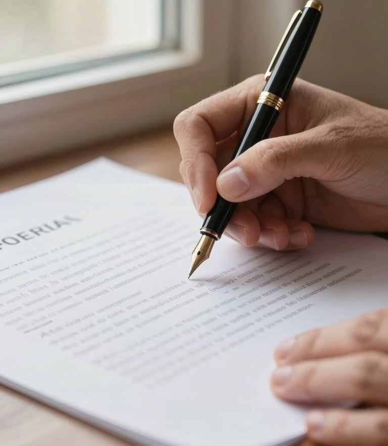 Close-up of hands executing a legal document with a classic fountain pen on rich textured paper, warm natural window light, shallow depth of field, 35mm