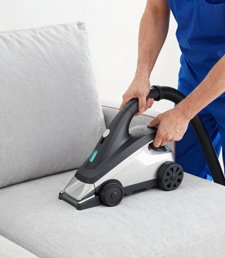 A professional upholstery cleaning technician in a clean uniform using a high-tech extraction machine on a light gray sofa, bright daylight, water droplets visible