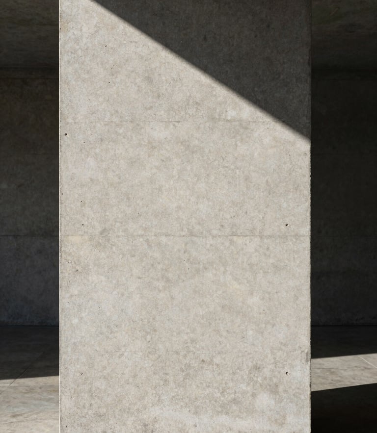 Minimalist concrete architectural column with sharp diagonal shadows cast by directional morning light, raw stone texture at the base, clean and sober composition.