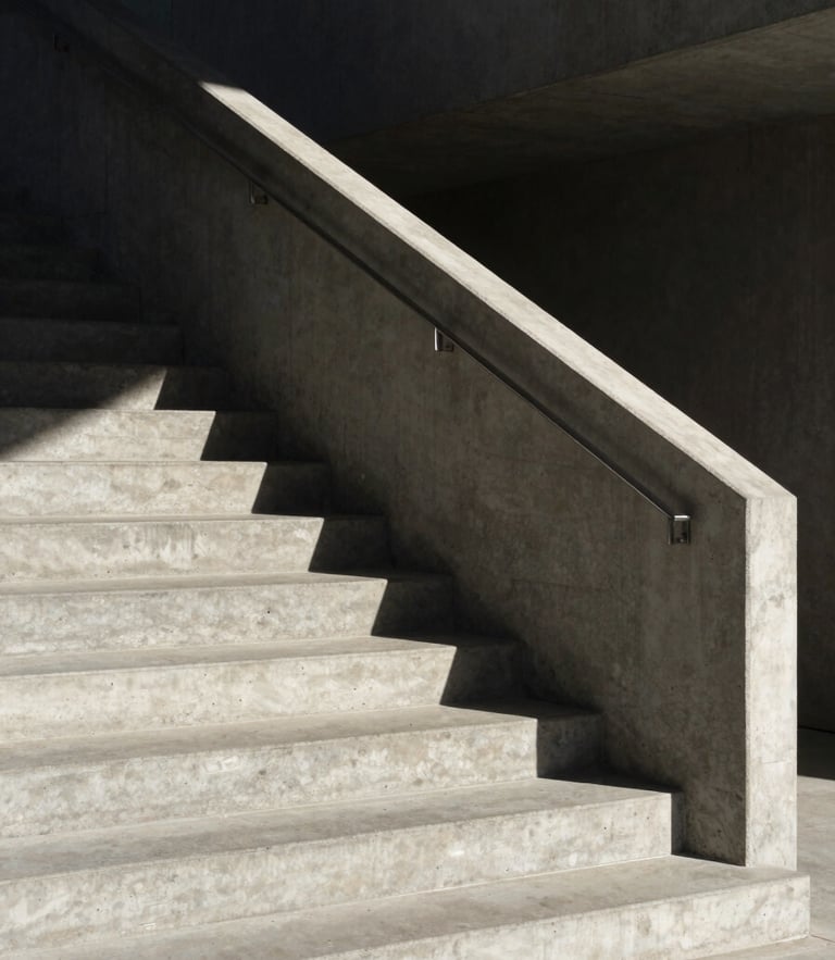 A minimalist concrete staircase ascending into shadow, sharp geometric lines, harsh afternoon sun casting deep shadows, architectural.