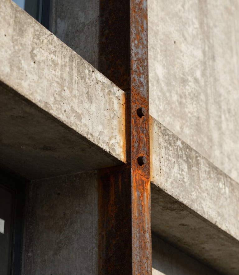 Macro close-up of raw concrete and rusted steel joint on a modernist facade, geometric lines, high-contrast shadow, warm afternoon sunlight.
