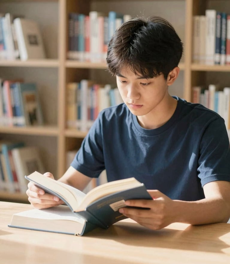 Bright editorial photography of a student focused on physical textbooks in a sunlit library, warm professional tones, eye-level perspective.