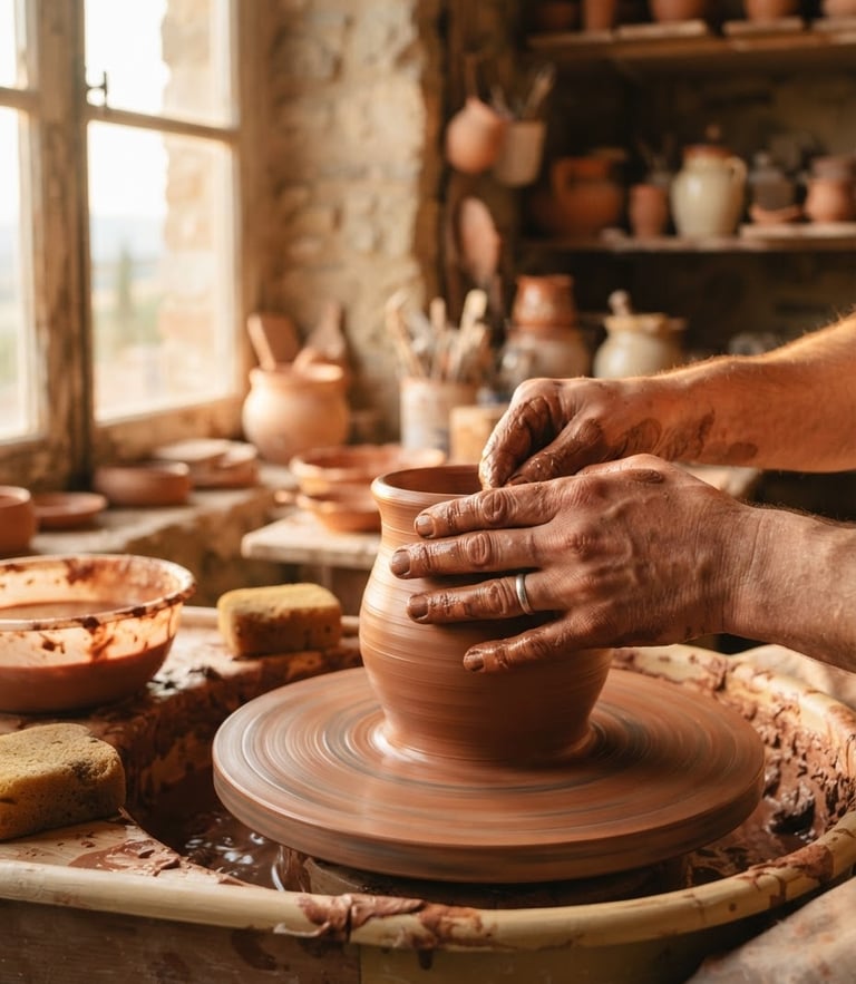 Close-up of hands shaping wet terracotta clay on a potter's wheel in a sunlit Umbrian workshop, golden-hour window light, warm editorial photography, 35mm
