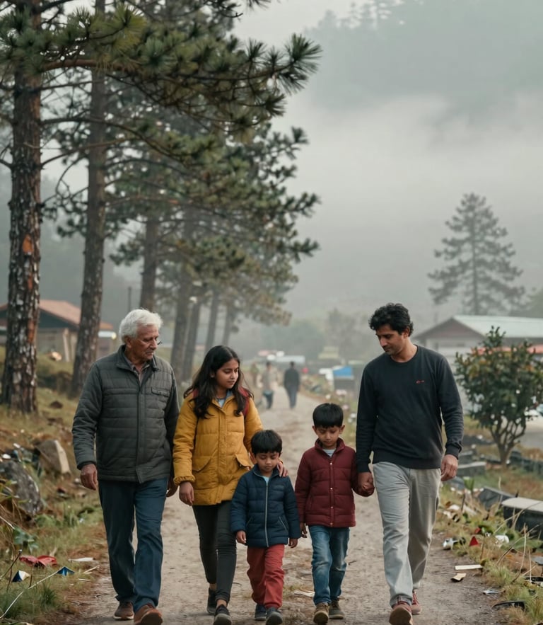 A multi-generational Indian family sharing a quiet moment, walking along a scenic, pine-fringed path in Himachal Pradesh, soft morning mist, cinematic lighting.
