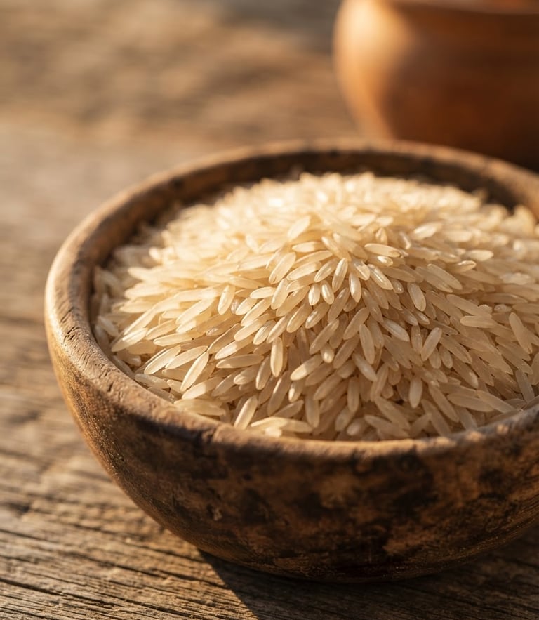 Macro close-up of premium long-grain basmati rice in a rustic wooden bowl, warm golden hour side-lighting highlighting the individual polished grains.