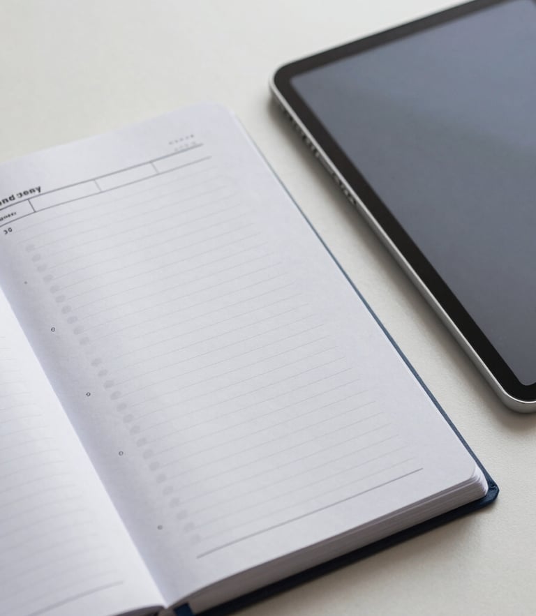 A high-quality close-up of a structured planner and a digital tablet on a clean workspace, bright neutral daylight, cool gray and deep blue tones, sharp focus, architectural lines