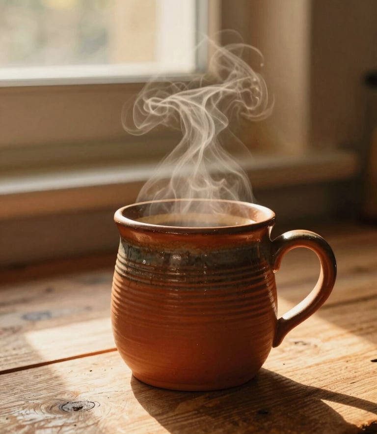 Steaming coffee mug sitting on a rustic wooden kitchen table in warm golden-hour window light, showing tactile clay ridges and rich terracotta glaze.