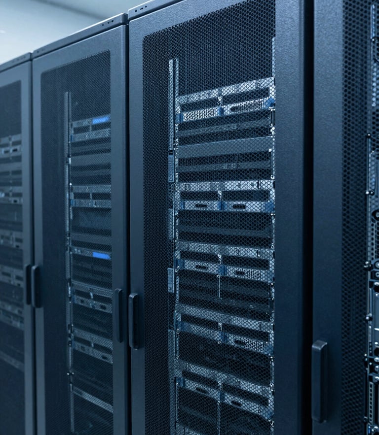Sharp architectural photography of clean server racks in a modern data center, cool blue and slate gray tones, clean technical lighting, macro depth of field, 35mm