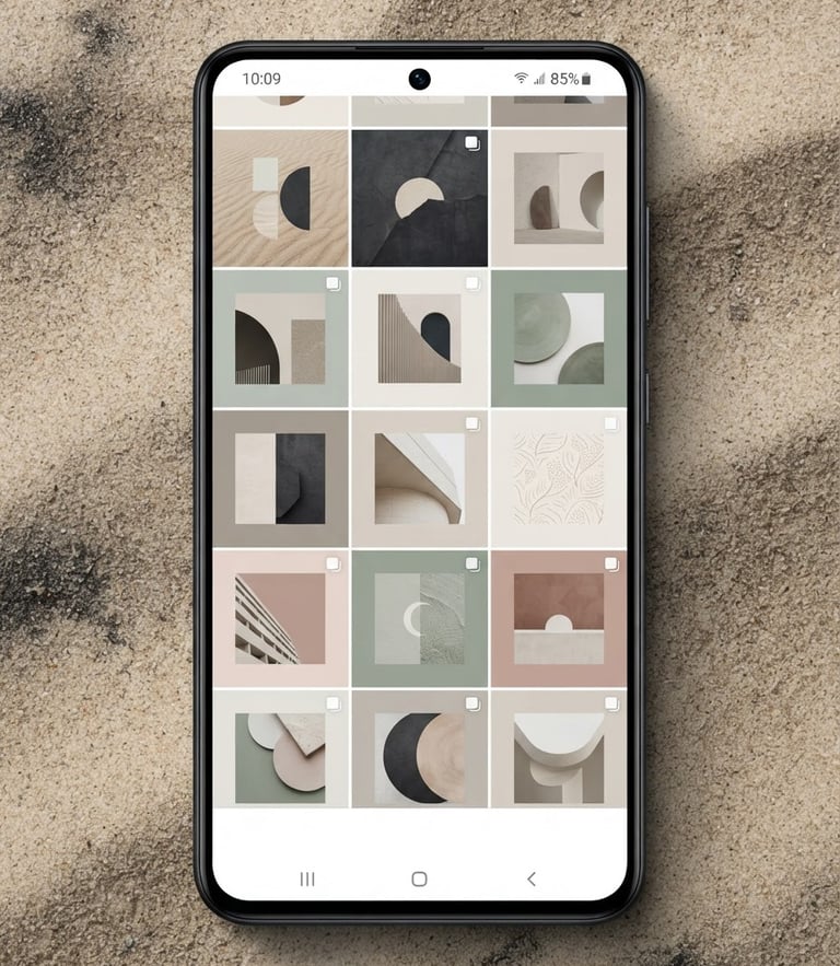 Minimalist digital mockup of social media posts on a mobile screen, soft studio light, neutral sand background, sharp focus