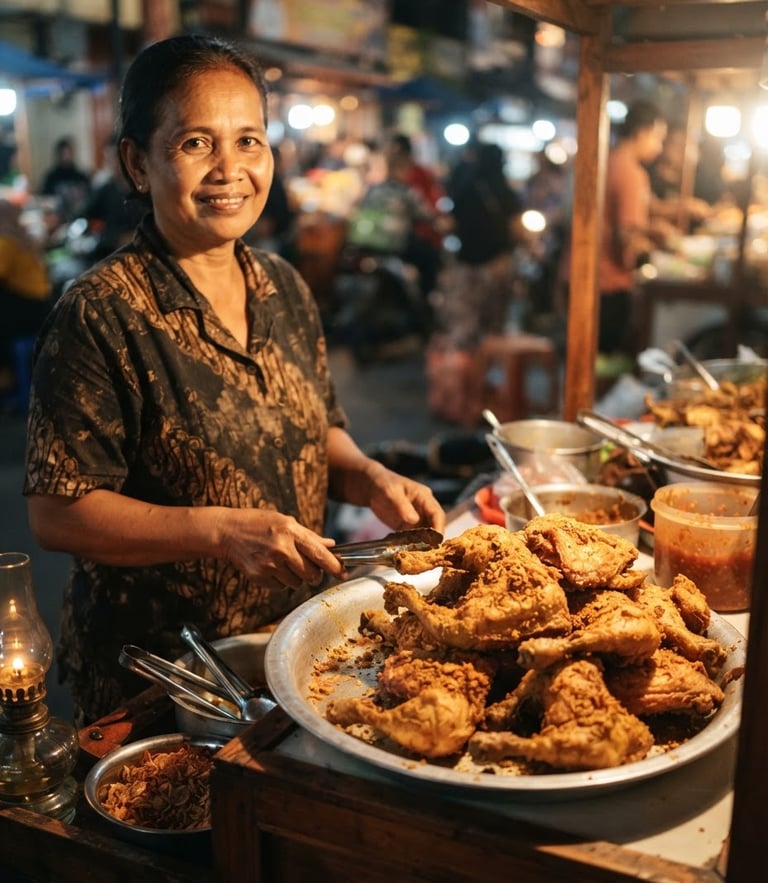 Warm culinary photography, dramatic side lighting, a proud Indonesian local food vendor standing next to a golden-brown crispy fried chicken display, shallow depth of field