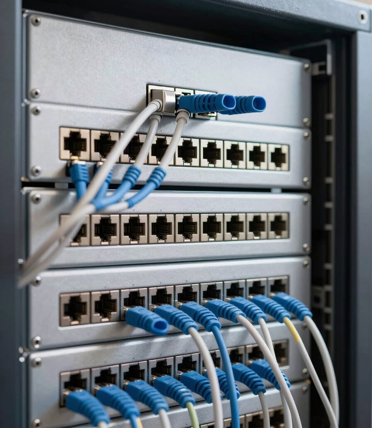 Close-up of neatly organized ethernet and power wiring inside a server rack, clean metallic slate tones, sharp focus, bright daylight, 35mm lens