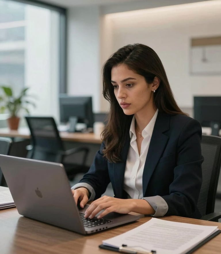 Plano medio de una profesional de administración en una oficina moderna en la Ciudad de México, trabajando concentrada frente a su laptop, luz natural difusa de tarde, ambiente corporativo limpio y profesional.
