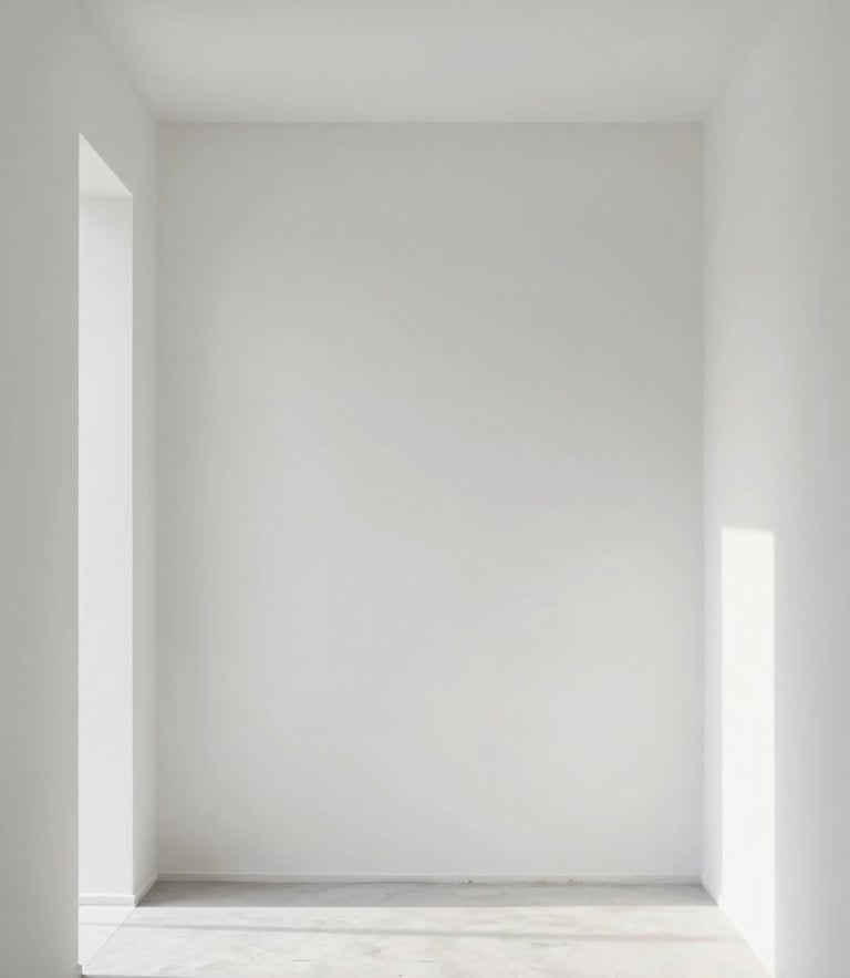 Straight-on architectural photography of a minimalist room, clean white plaster walls, natural daylight casting soft shadows, 35mm