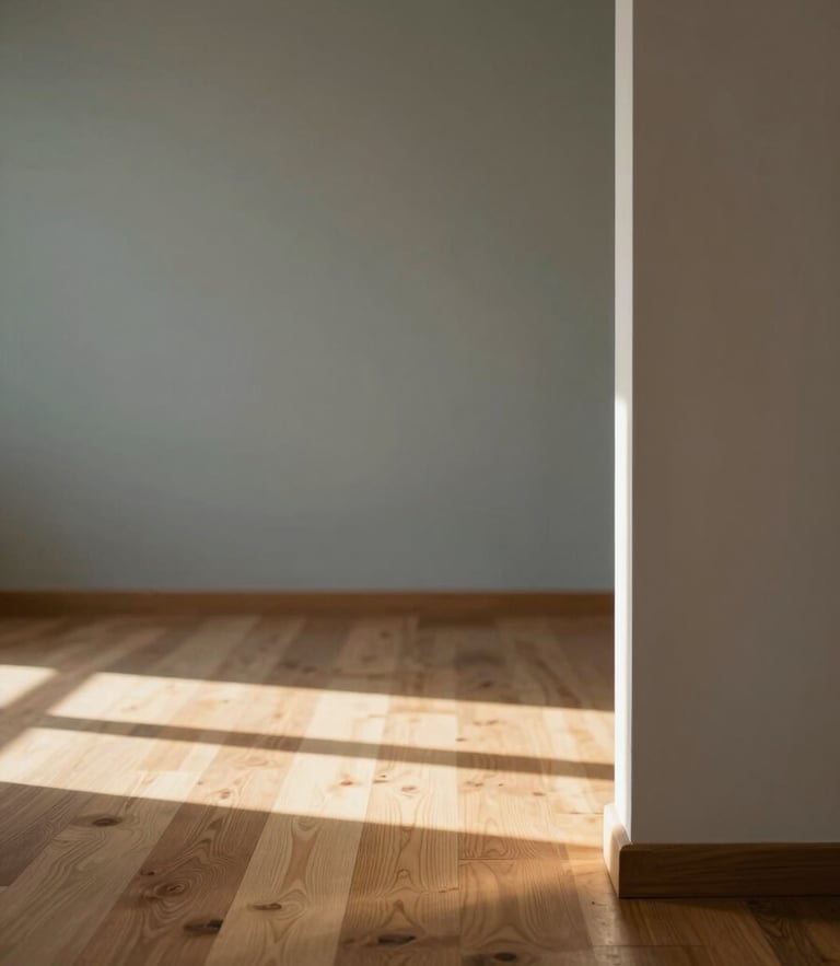 Clean interior space flooded with natural light, soft morning sun on warm oak flooring, minimalist design, shallow depth of field, 35mm