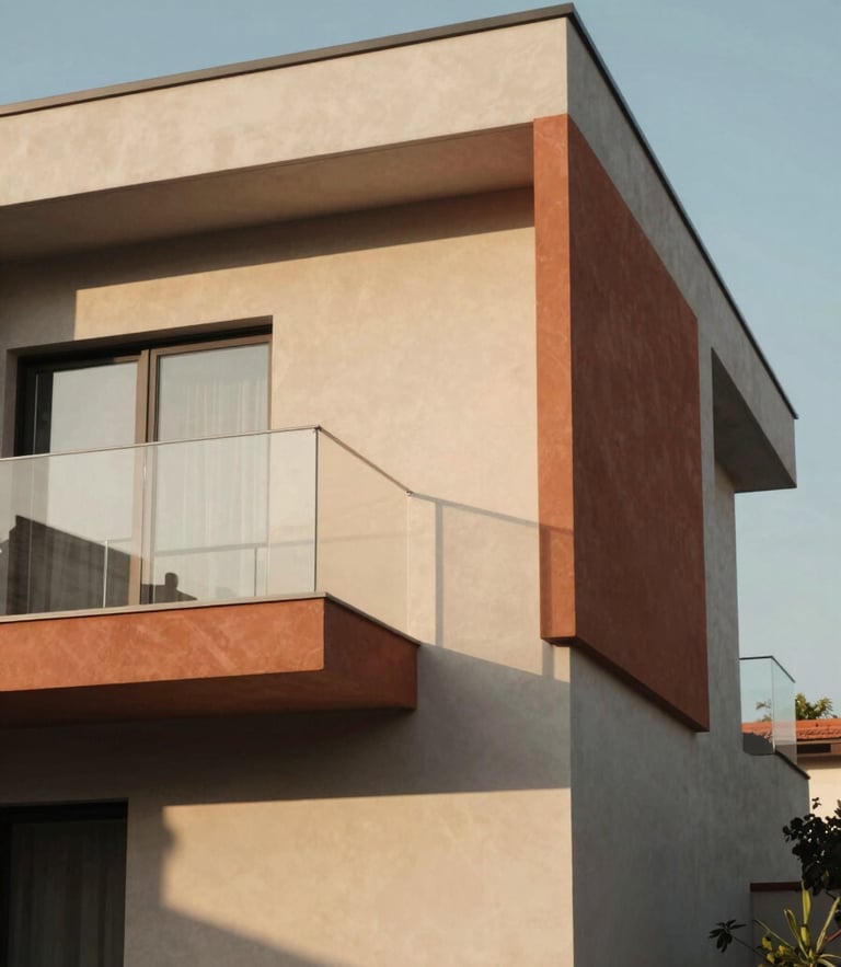 Warm architectural photography of a modern home facade, soft late-afternoon sun casting long shadows, clean lines, terracotta accents, 35mm