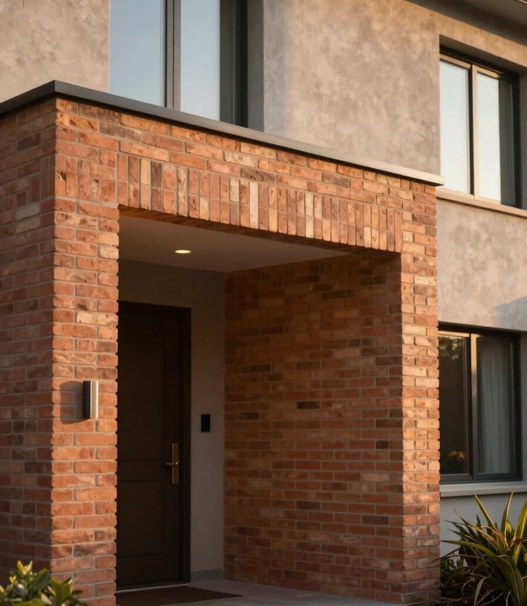 Warm architectural photography of a modern residential home, soft late-afternoon sun hitting a terracotta brick entryway, shallow depth of field, 35mm