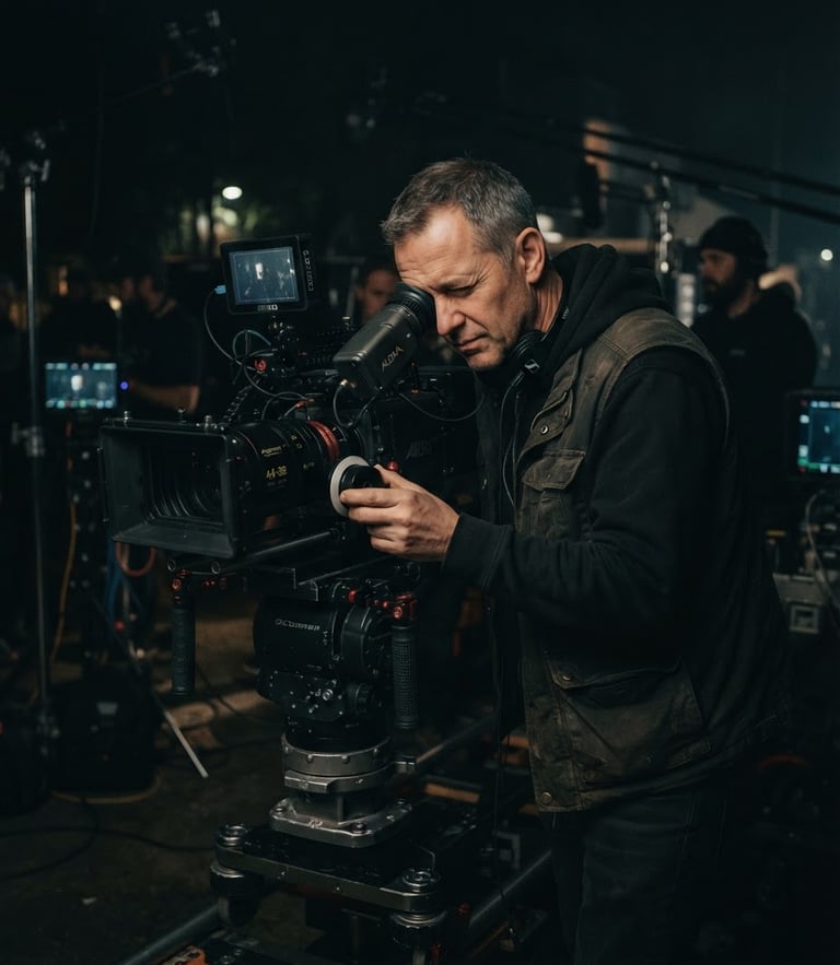 Moody cinematic photography of a director in deep focus behind a high-end camera rig, low-key dramatic lighting, rich anamorphic tones, 35mm film grain