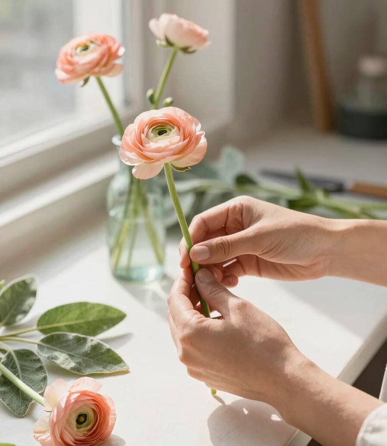 Hands of a florist gently arranging delicate peach ranunculus and sage leaves in a sunlit CDMX studio, warm morning light, shallow depth of field, 35mm