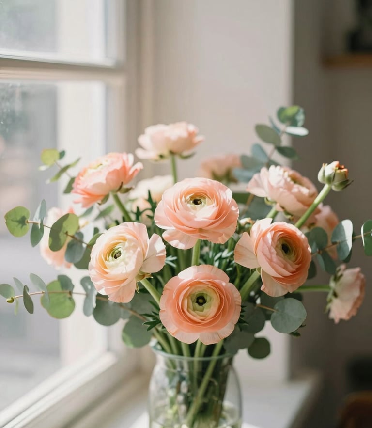 Lush garden-style bouquet with peach ranunculus and sage green eucalyptus in a sunlit CDMX studio, warm morning window light, shallow depth of field, 35mm
