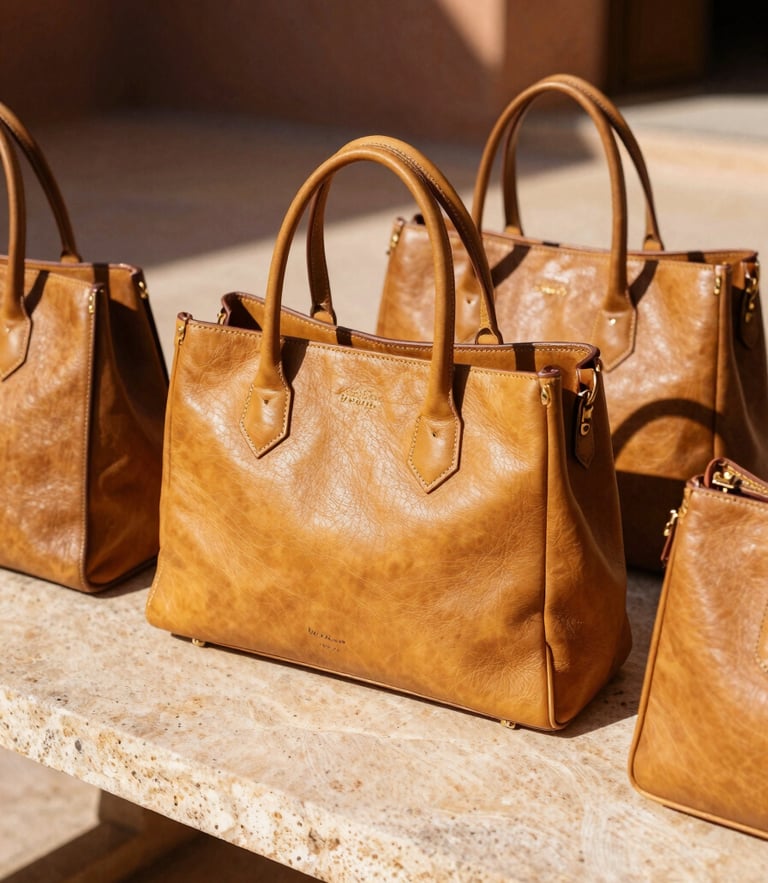Close-up of golden-brown full-grain leather bags arranged on a raw stone table in a sun-drenched riad courtyard, harsh shadows, warm 35mm photography