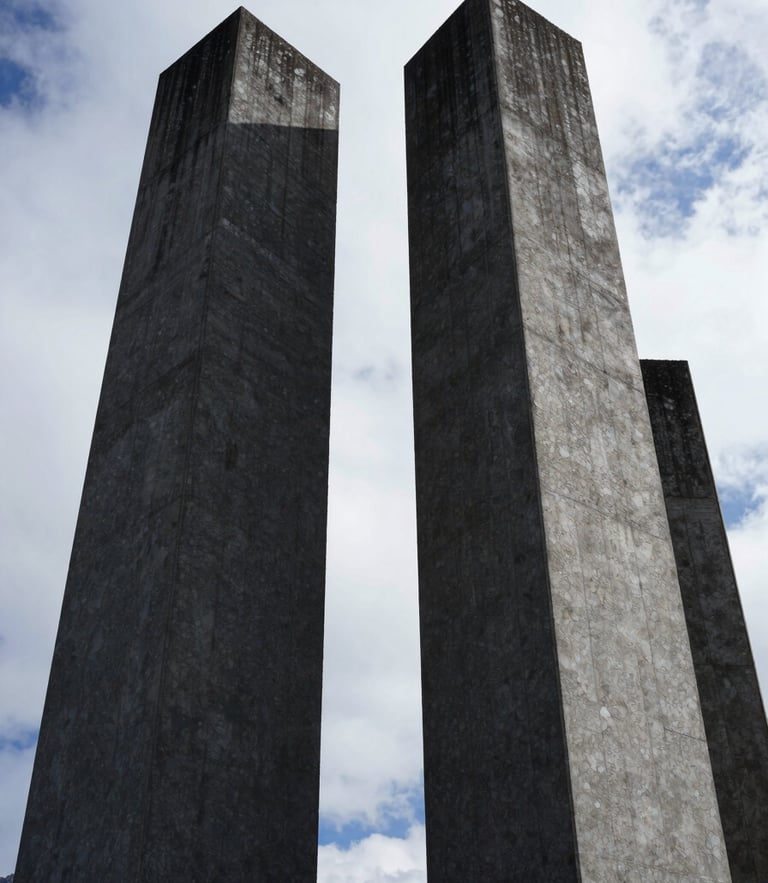 Low-angle heroic shot of monolithic architectural concrete pillars casting deep shadows under overcast alpine daylight, sharp textures, 35mm