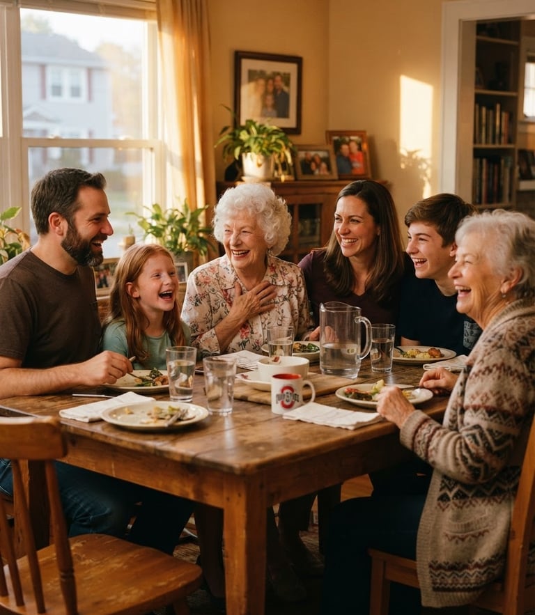 A warm candid photograph of an Ohio family and a senior volunteer laughing together around a wooden dining table, soft golden-hour light, 35mm