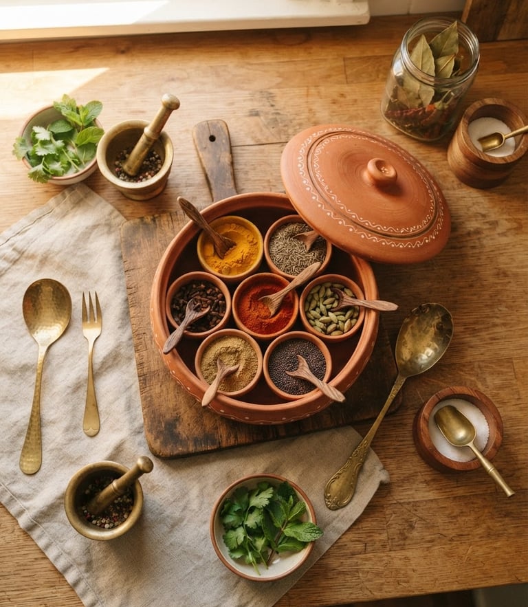 Overhead flat-lay of a beautifully arranged terracotta spice box and brass utensils on a warm wooden counter, soft golden-hour window light casting gentle shadows