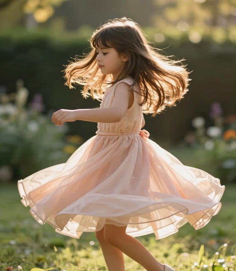 A young girl in a blush peach frock spinning around in a sunlit garden, motion blur on the skirt, warm golden hour lighting.
