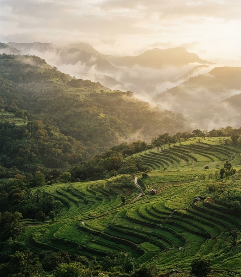 Misty morning over the Lonavala hillsides, soft golden-hour light illuminating lush green terraced land, wide-angle landscape, 35mm
