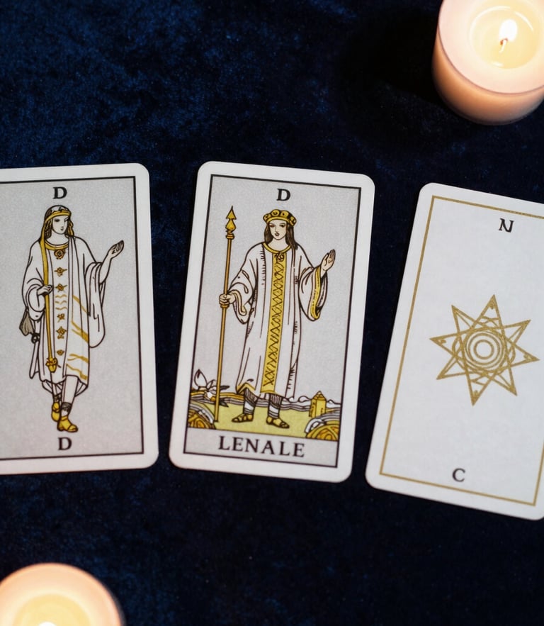 Top-down flat lay of three tarot cards with gold geometric line art on a dark velvet surface, soft candlelight casting long shadows.