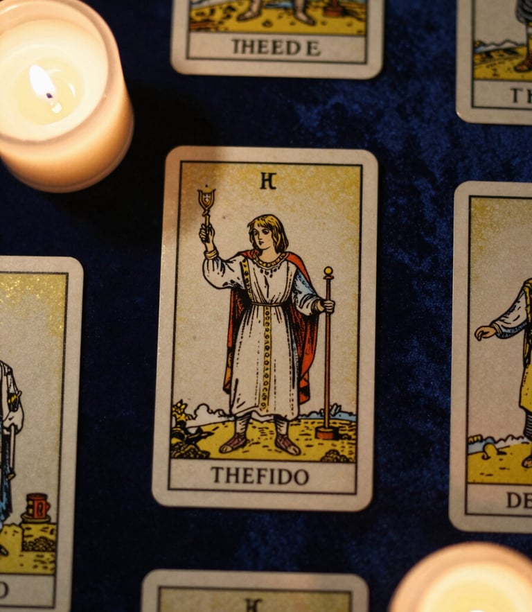 Top-down flat lay of elegant gold-foiled tarot cards on dark blue velvet, soft candlelight casting warm shadows, mystical atmosphere, macro photography