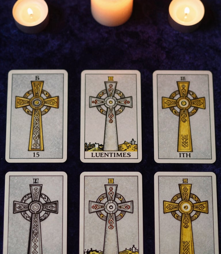 Top-down flat lay of a Celtic Cross tarot card spread on dark purple velvet, soft candlelight casting warm gold highlights, mystical editorial photography
