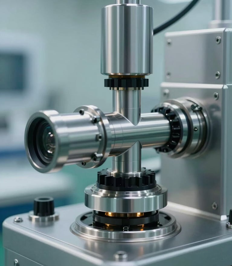 Ultra-tight macro detail of high-precision pharmaceutical cleanroom equipment, cool diffused northern light, sterile steel and glass geometry.