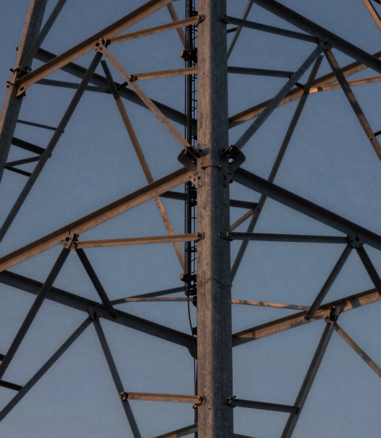Macro close-up of telecommunications tower steel framework against a cool, diffused early morning blue sky, architectural geometry, high-contrast shadows