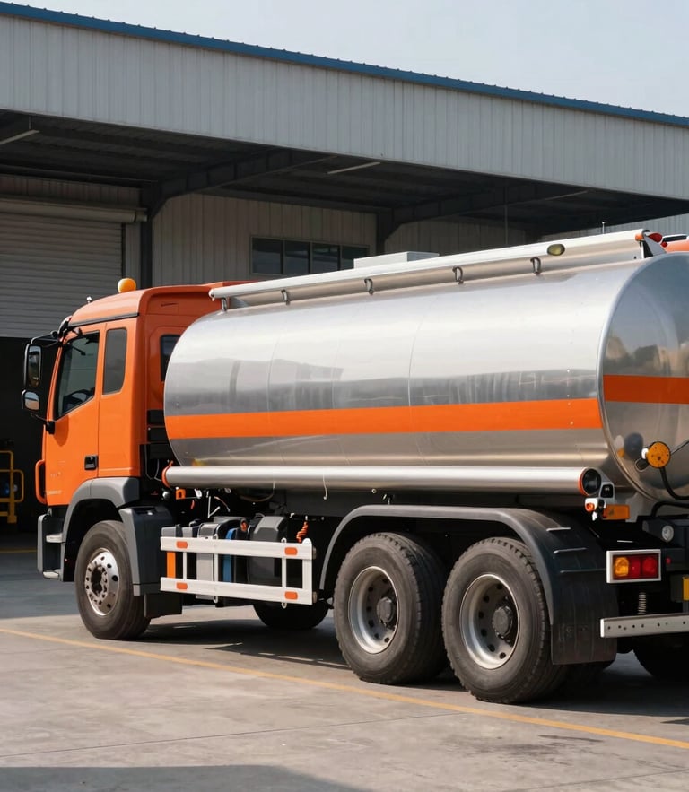 A clean modern fuel tanker truck parked at a bright industrial facility, sharp morning daylight, safety orange accents, commercial vehicle style, 35mm lens