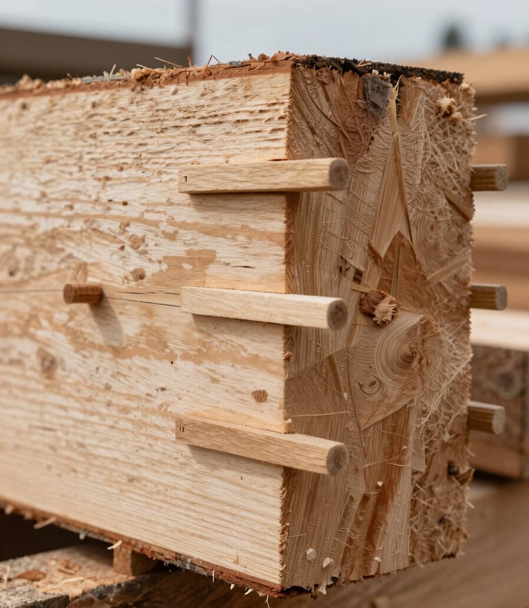Close-up of a Douglas-fir timber joint with traditional wooden pegs, soft overcast daylight, architectural precision.